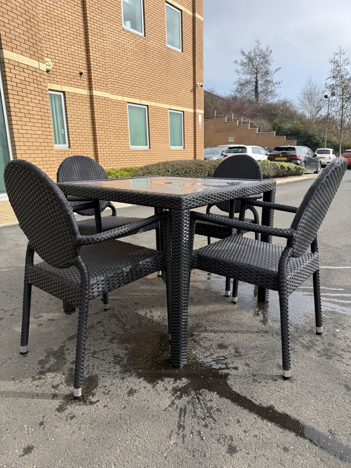 Molby 90cm Rattan Square Grey Polyresin Topped Table with 4 Molby Rattan Chairs – Black Weave