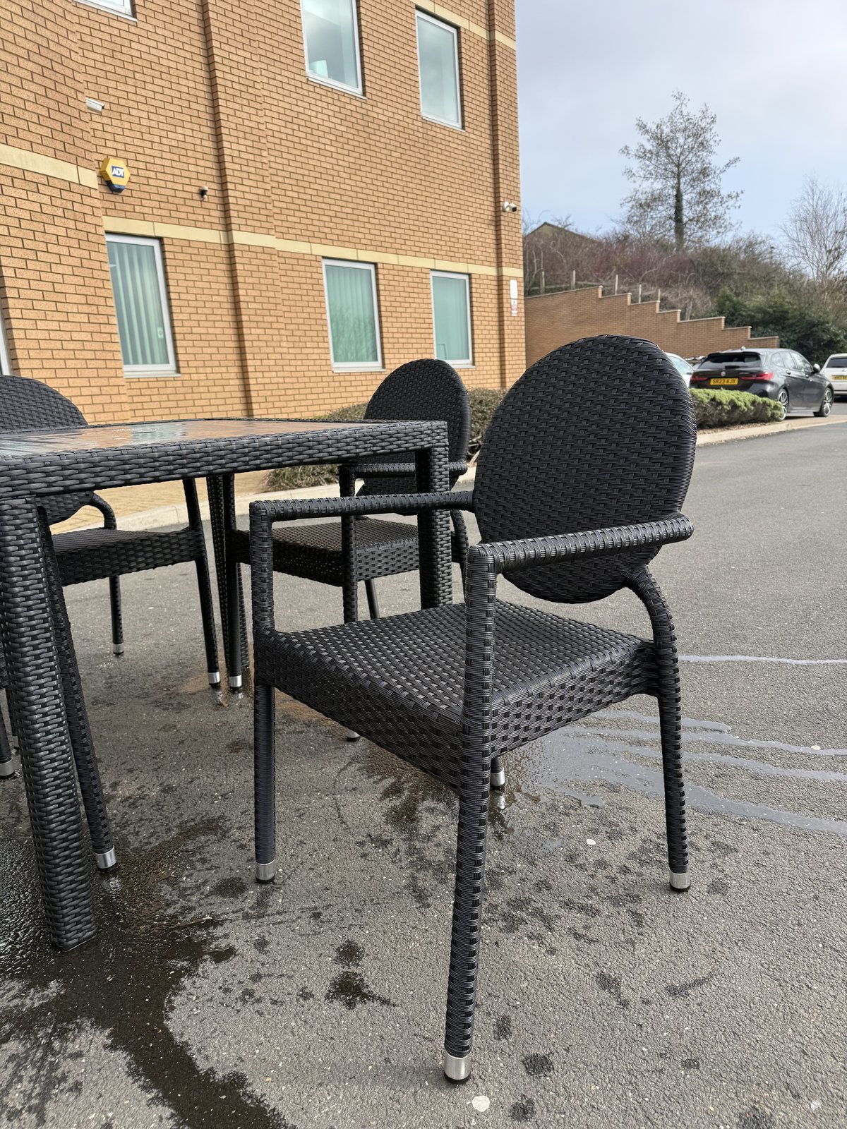 Molby 90cm Rattan Square Grey Polyresin Topped Table with 4 Molby Rattan Chairs – Black Weave